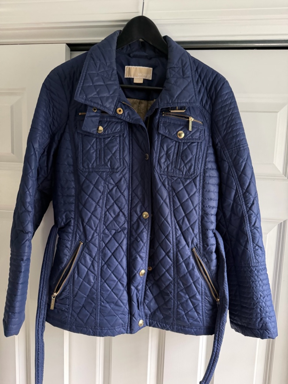 MICHAEL Michael Kors Quilted Navy Puffer Jacket with Gold Hardware